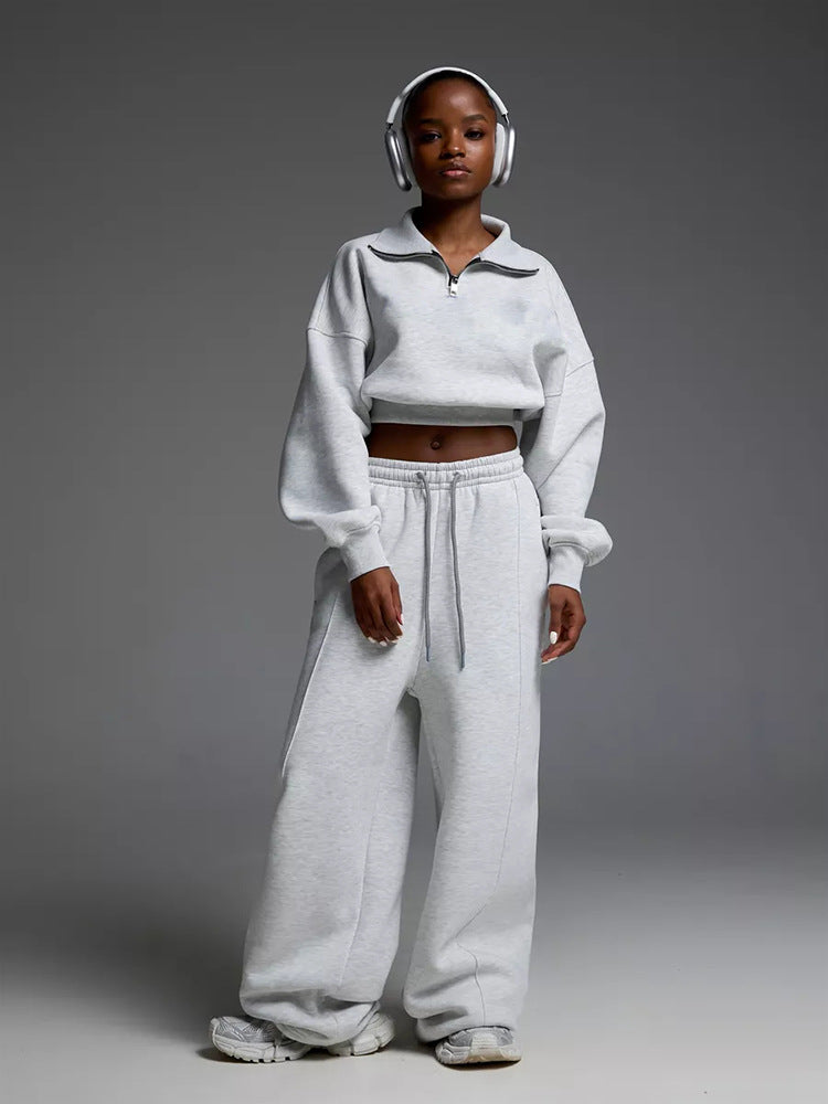 Damen nan kurzes Half-Zip Sweatshirt-Set mit hochtaillierter weiter Lounge-Jogginghose