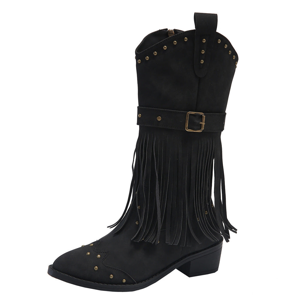 Damen nan Westernstiefel mit Fransen Nieten und Schnallenriemen