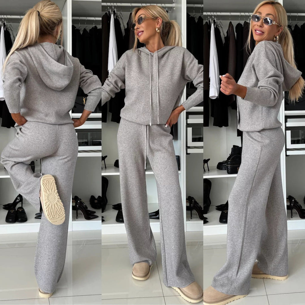 Damen nan luxuriöses Feinstrick-Loungewear-Set mit Kapuzenpullover, elastischem Komfortbund und fließendem Wide-Leg-Hosenbein