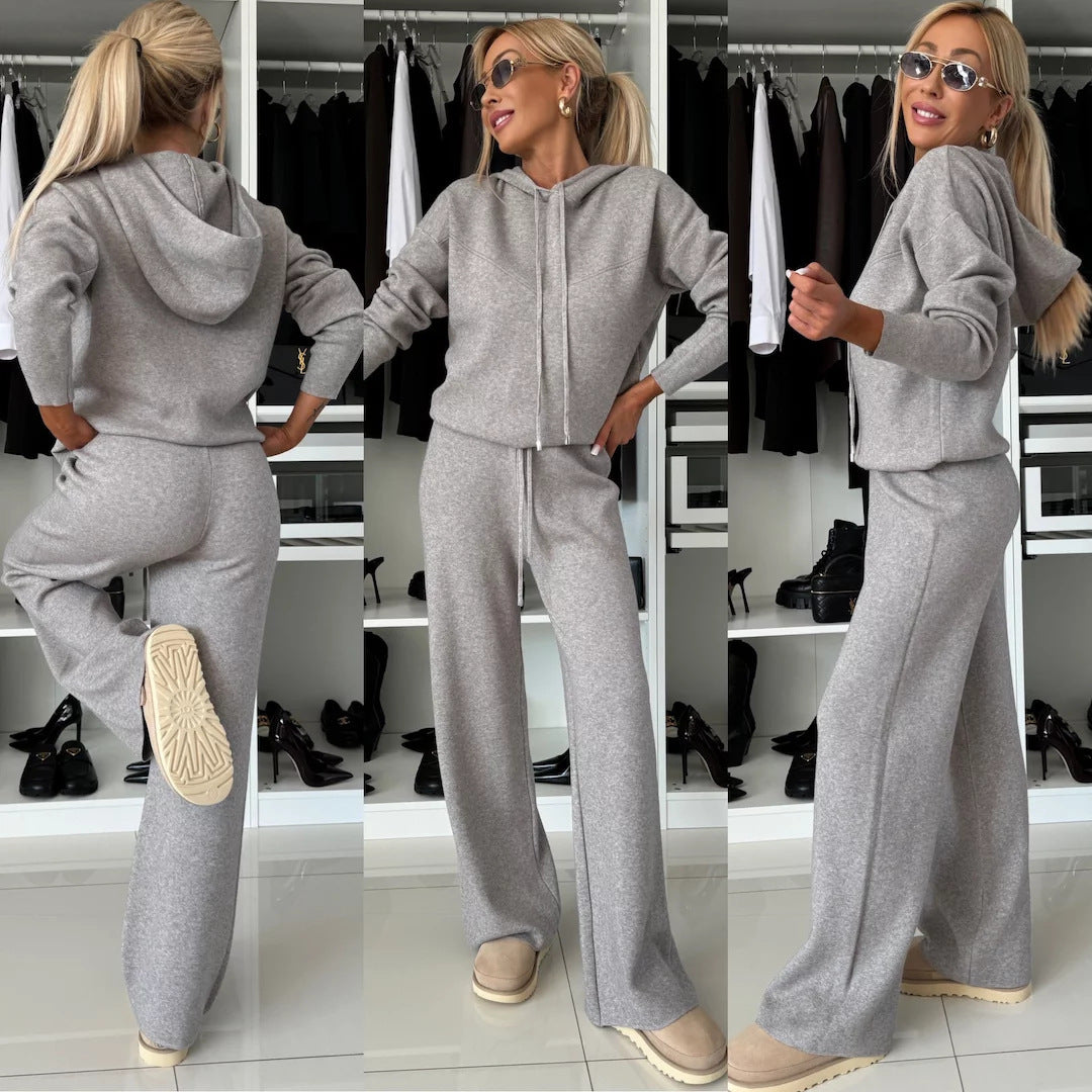 Damen nan luxuriöses Feinstrick-Loungewear-Set mit Kapuzenpullover, elastischem Komfortbund und fließendem Wide-Leg-Hosenbein