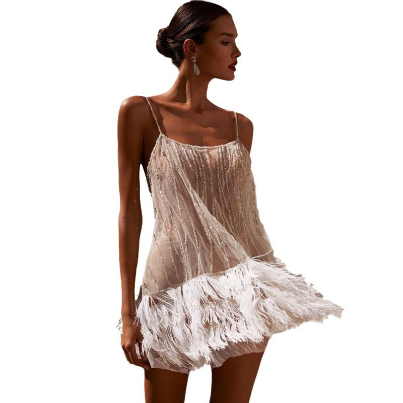 Damen Funkelndes Pailletten-Cocktailkleid mit Federn Selmira