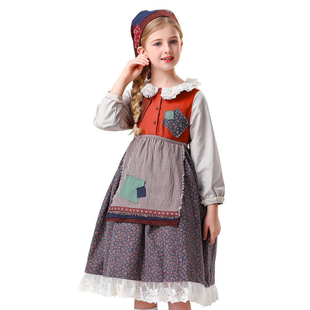 Damen nan vintageinspiriertes Rüschenkleid mit abnehmbarer Schürze und Spitzenbesatz