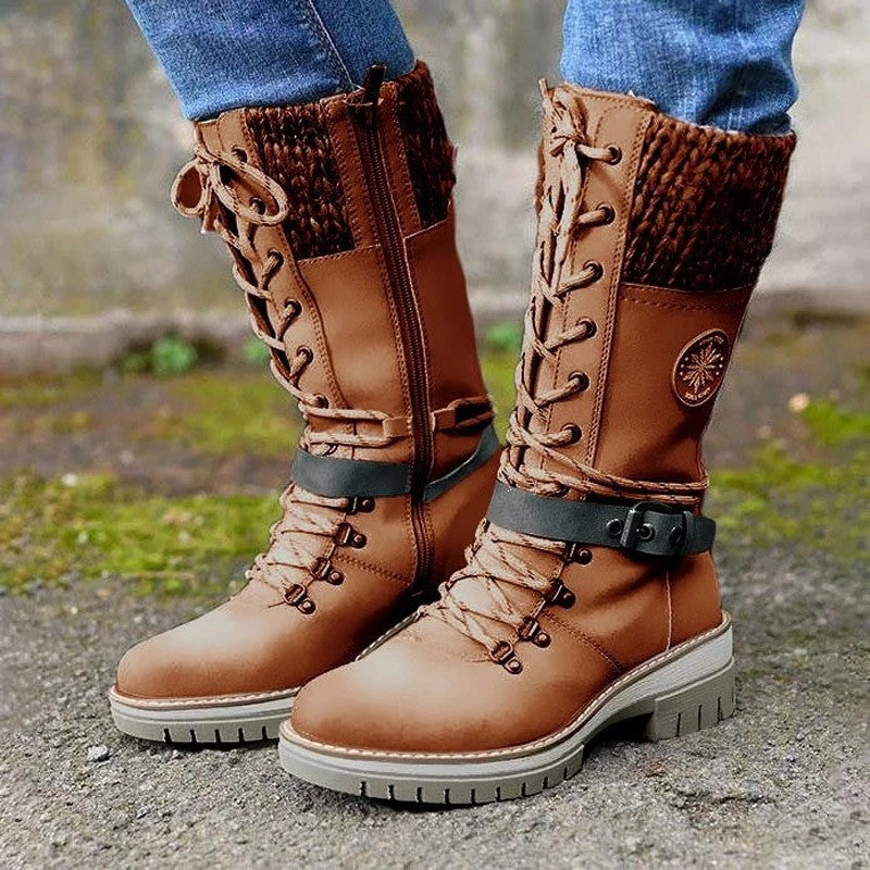 Damen nan gefütterte Schnürstiefel mit gestricktem Schaftbund, dekorativem Schnallenriemen und profilierter Gummisohle