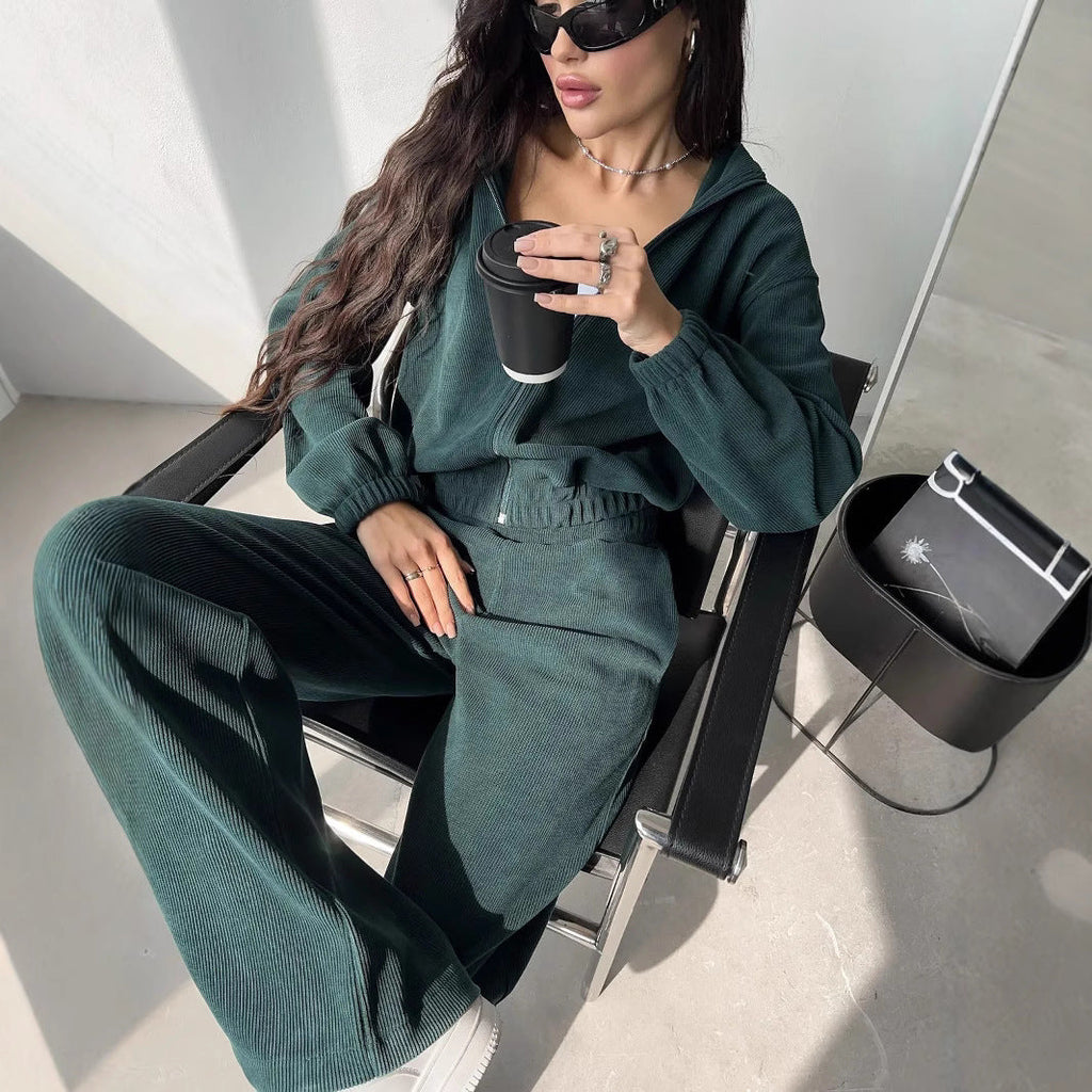 Damen nan kurzes Kapuzen-Loungewear-Set mit durchgehendem Reißverschluss, elastischem Komfortbund und gerippter Struktur
