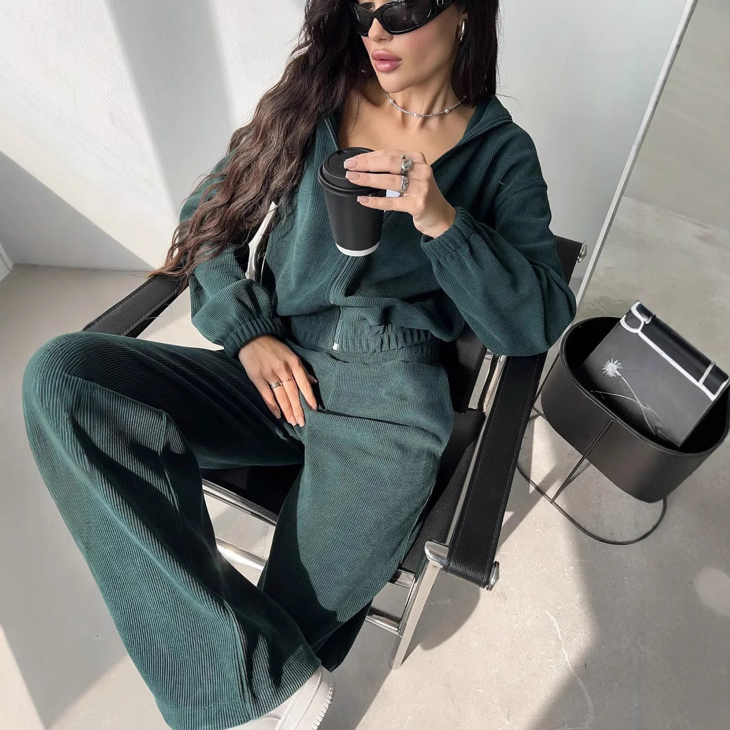 Damen nan kurzes Kapuzen-Loungewear-Set mit durchgehendem Reißverschluss, elastischem Komfortbund und gerippter Struktur
