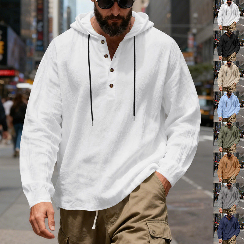 Herren nan Henley-Kapuzenpullover mit Knopfleiste und verstellbarem Kordelzug