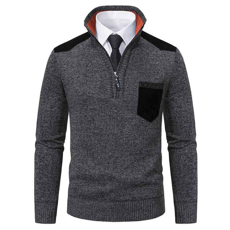 Herren nan Feinstrick-Halbzip-Pullover mit Stehkragen, Brusttasche und Schulterbesatz