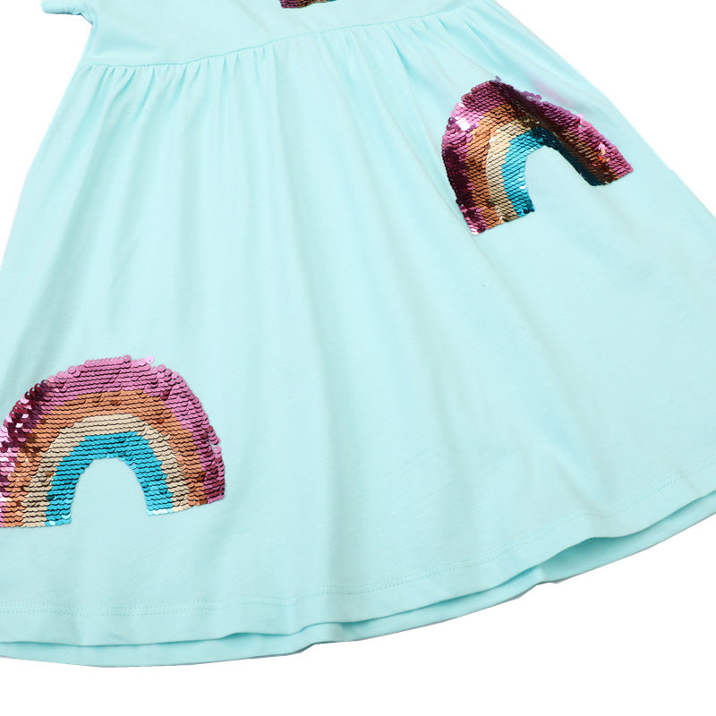 Mädchen Kurzarm-T-Shirt Kleid mit buntem Glitzer-Regenbogen Design