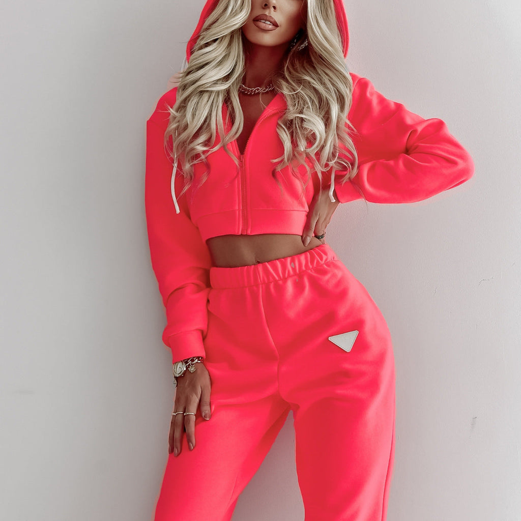 Damen nan Cropped Kapuzenjacke und High-Waist Jogginghose Set aus French Terry mit elastischem Bund