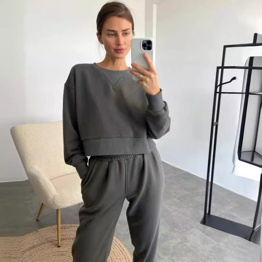 Damen nan Cropped-Sweater-Set mit V-Nahtdetail und hoher Taille Jogginghose