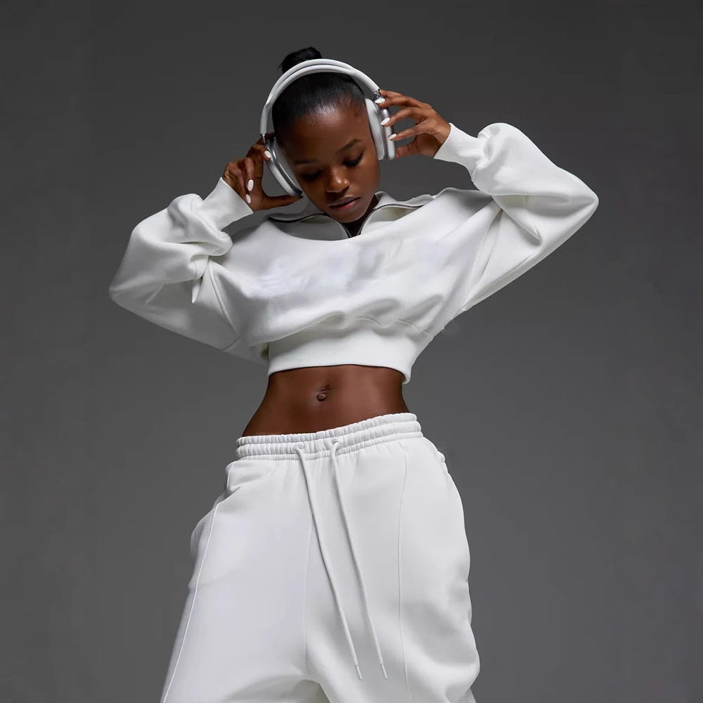 Damen nan kurzes Half-Zip Sweatshirt-Set mit hochtaillierter weiter Lounge-Jogginghose