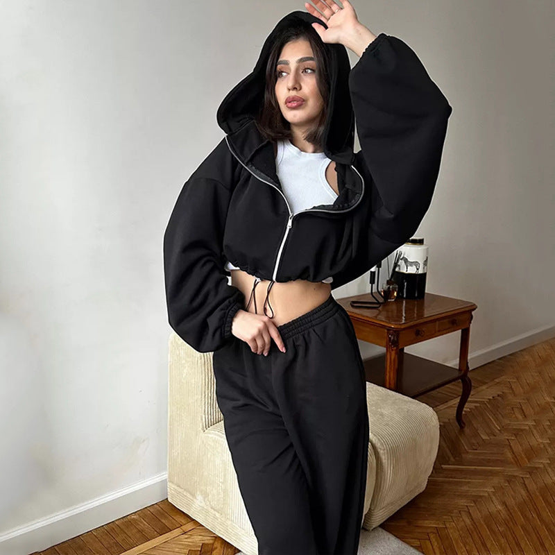 Damen nan cropped Reißverschluss-Hoodie mit Tunnelzugsaum und weitem Sweatpants-Schnitt