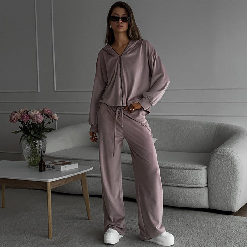Damen nan luxuriöses Velours-Zweiteiler Set mit kurzem Reißverschluss-Hoodie und weiten Highwaist-Loungehosen