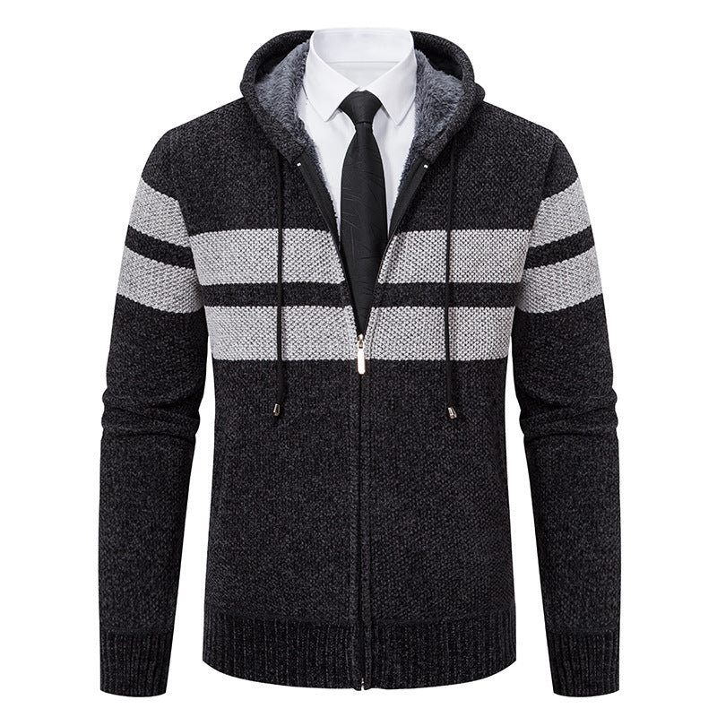 Herren nan gestrickte Kapuzenjacke mit Teddyfutter, verdecktem Reißverschluss und kontrastreifen