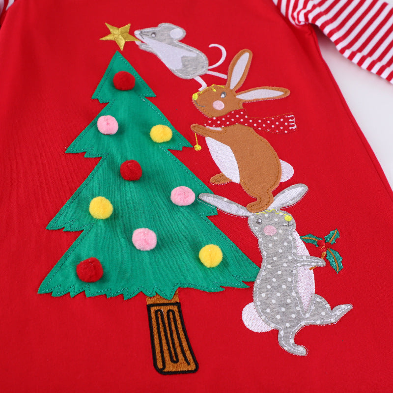 Mädchen Baumwollkleid mit festlichem Tier- und Weihnachtsbaum-Design