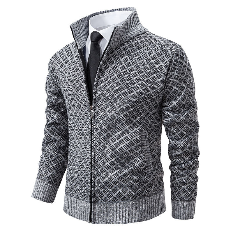 Herren nan gemusterte Strickjacke mit Stehkragen und durchgehendem Reißverschluss