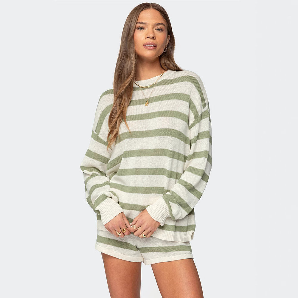 Damen nan gestreiftes Strick-Loungewear-Set mit weitem Pullover und Tunnelzug-Shorts