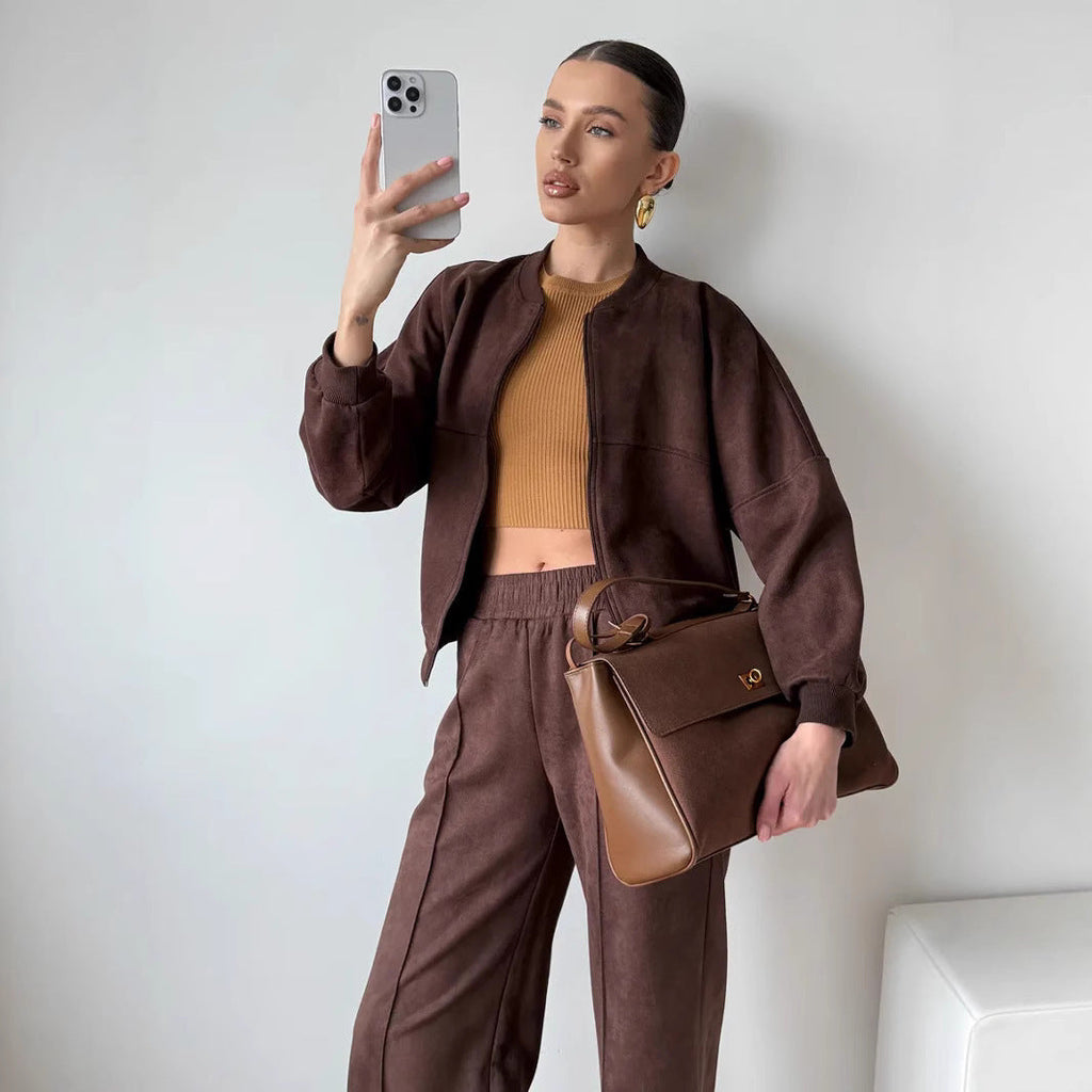 Damen nan zweiteiliges Velours-Loungewear-Set mit kurzem Zip-Hoodie und weiter Highwaist-Hose