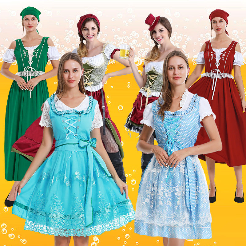 Damen nan kurzes Trachtenkleid im Dirndlstil mit floraler Spitzen-Schürze, geschnürter Miederfront und geraffter Carmenbluse