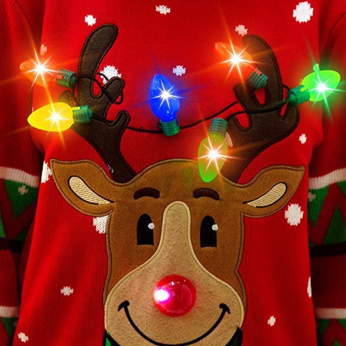 Damen nan weihnachtlicher Strickpullover mit Rentierapplikation integrierter Lichterkette und dreidimensionalem Nasenpompom