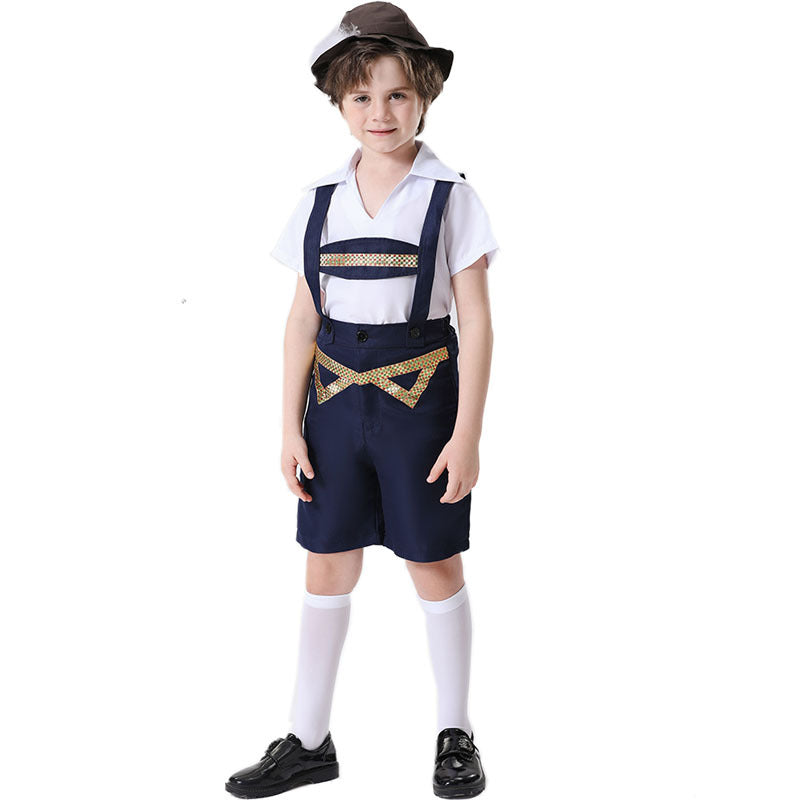 Unisex nan festliche Kinderhose mit verstellbaren Hosenträgern und Ziergürtel