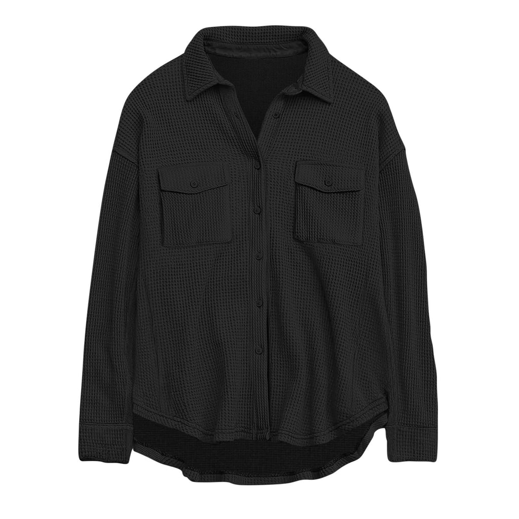 Damen nan oversized Waffelstrick Hemdjacke mit Brusttaschen und Knopfleiste