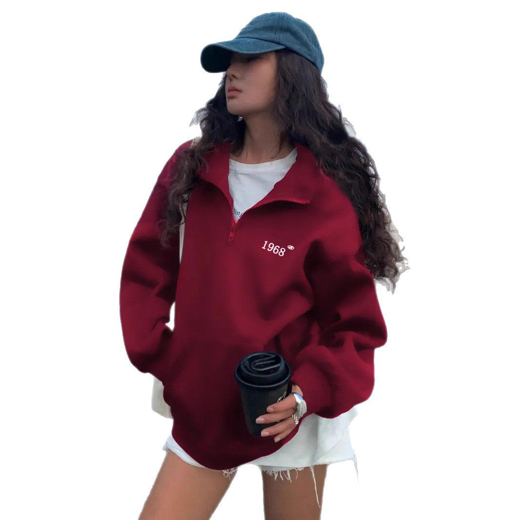 Damen nan oversized Halbzip-Sweatshirt mit hohem Stehkragen, Kängurutasche und lässigem Oversize-Schnitt