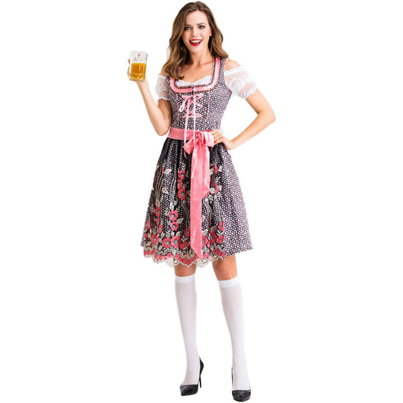 Damen nan traditionelles Kurzdirndl mit Spitzenärmeln, Schnürung und floraler Schürze