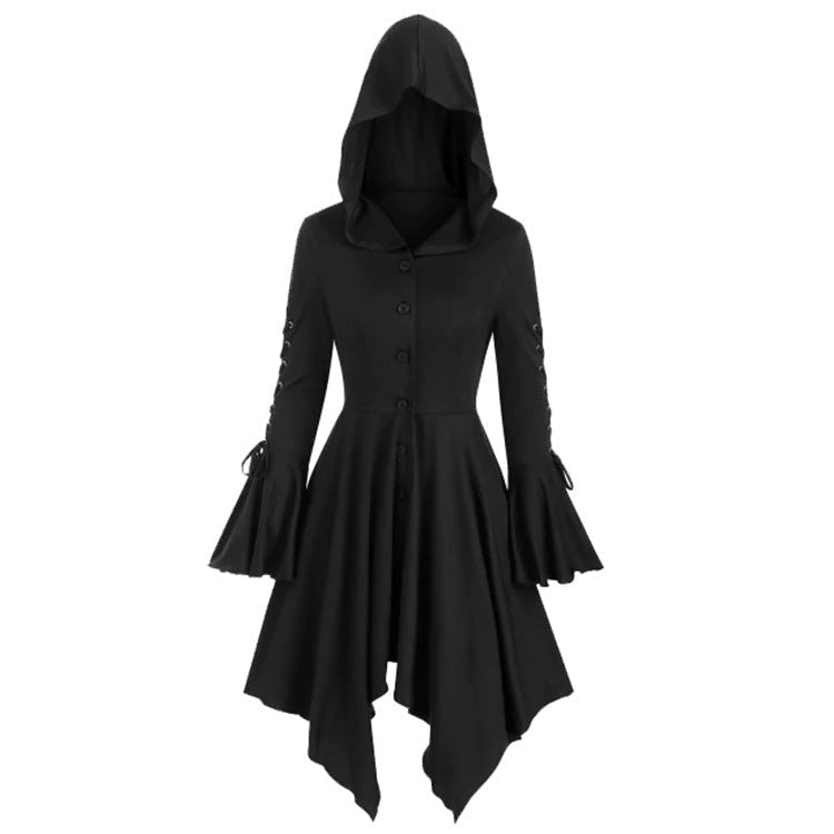 Damen nan Kapuzen-Mantelkleid mit asymmetrischem Zipfelsaum und geschnürten Glockenärmeln