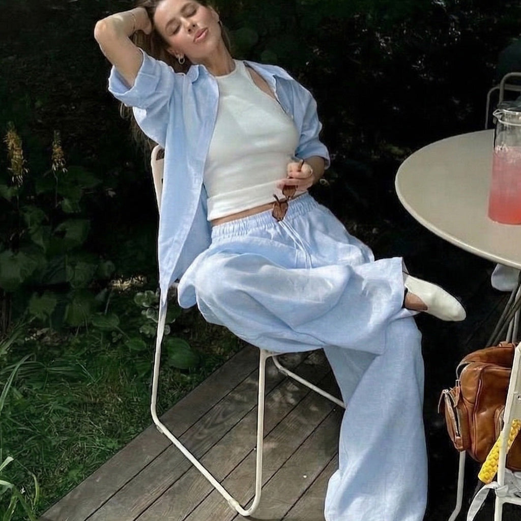 Damen nan luftiges Leinen-Loungeset mit Oversize-Hemd und weiter Bundhose mit Gummizug