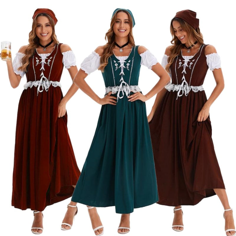 Damen nan langes Trachtenkleid im Dirndlstil mit Corsage-Schnürung und Spitzenbund