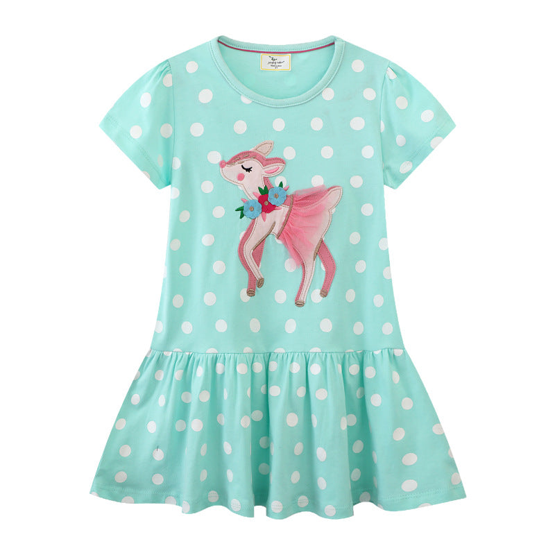 Mädchen Polka Dots Kleid mit süßem Reh-Design