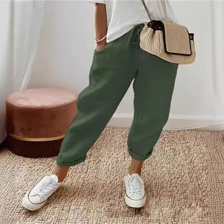 Damen nan legerer Leinen-Jogger mit Kordelzug, Eingrifftaschen und umgeschlagenem Saum