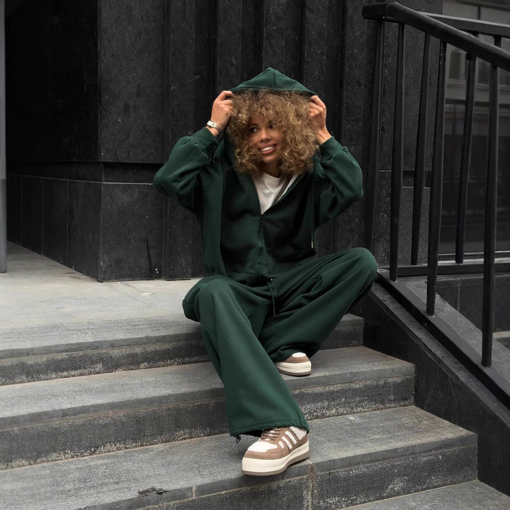 Damen nan weites Lounge-Set mit Zip-Hoodie, Kängurutasche und extraweiter Highwaist-Jogginghose