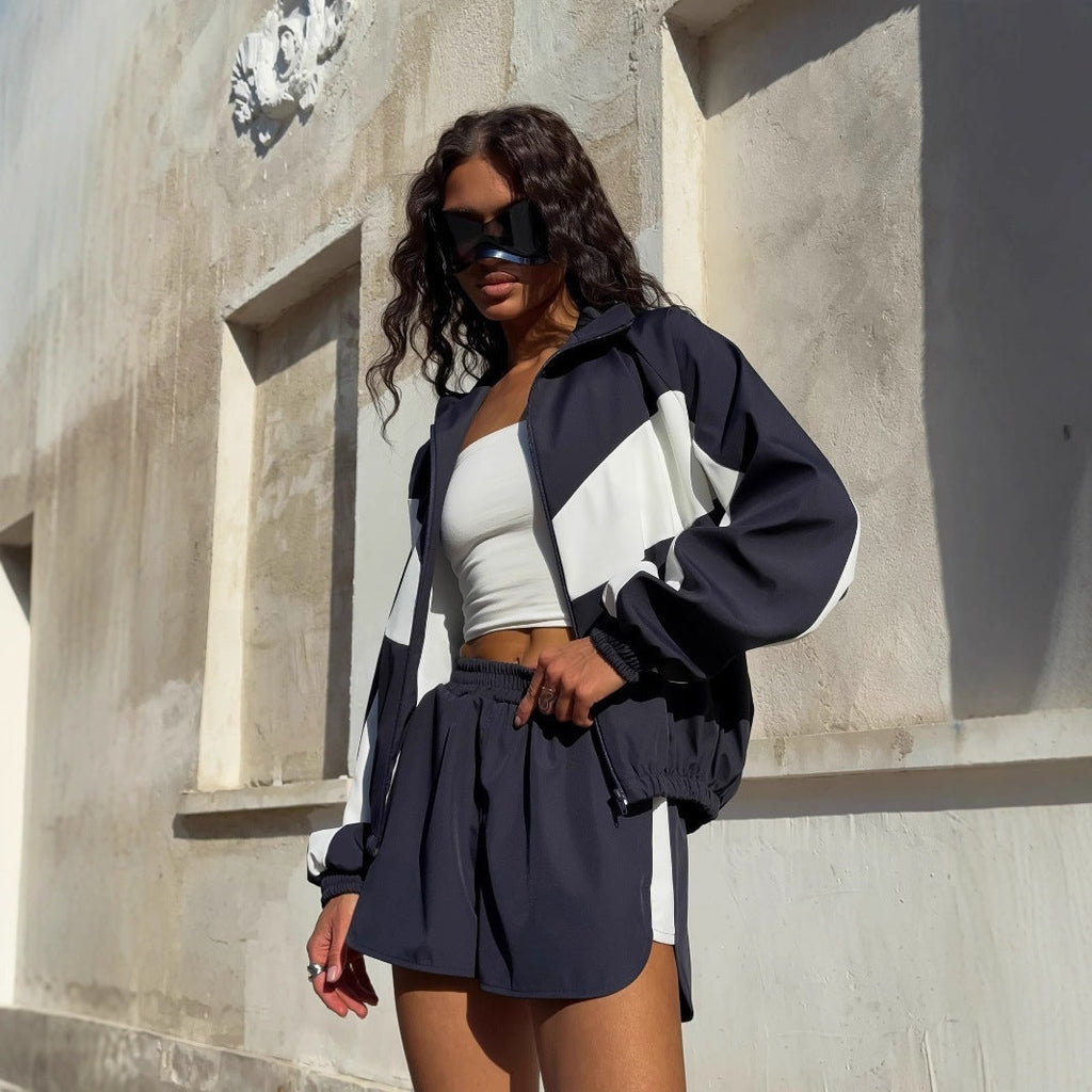 Damen nan lässiges Athleisure-Set mit windabweisender Kurzjacke, Stehkragen und elastischen Highwaist-Shorts