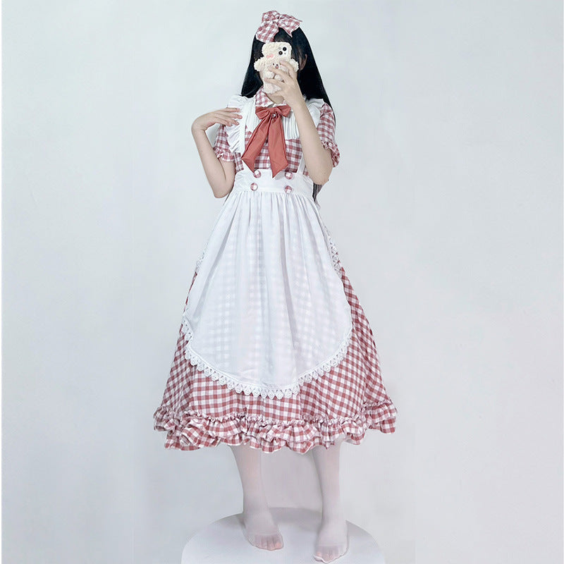 Damen nan vintage-inspiriertes Lolita-Kleid mit Karomuster Volants und abnehmbarer Schürze