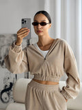 Damen nan kurzes Kapuzen-Loungewear-Set mit durchgehendem Reißverschluss, elastischem Komfortbund und gerippter Struktur