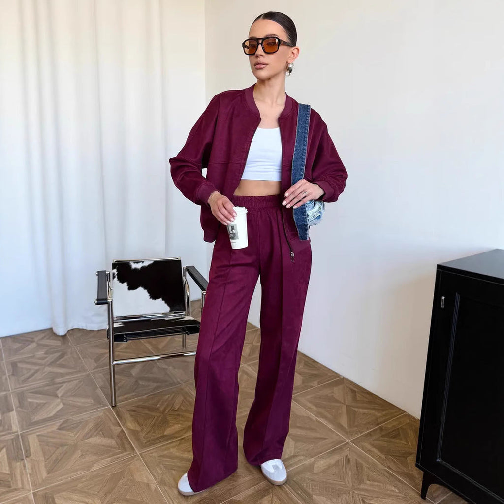 Damen nan zweiteiliges Velours-Loungewear-Set mit kurzem Zip-Hoodie und weiter Highwaist-Hose