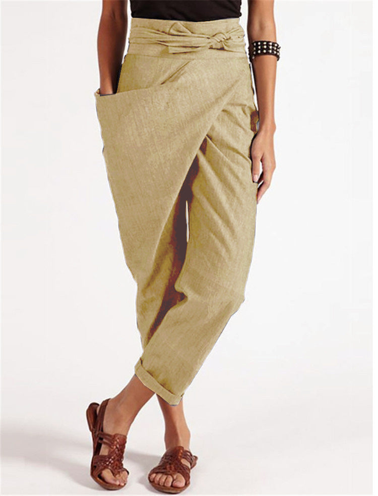 Damen nan Wickelhose aus Leinenmix mit hohem Taillenbund, überlappender Vorderseite und großzügiger Eingrifftasche