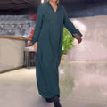 Damen nan fließendes Maxikleid mit V-Ausschnitt, kastiger A-Linie und langen Ärmeln