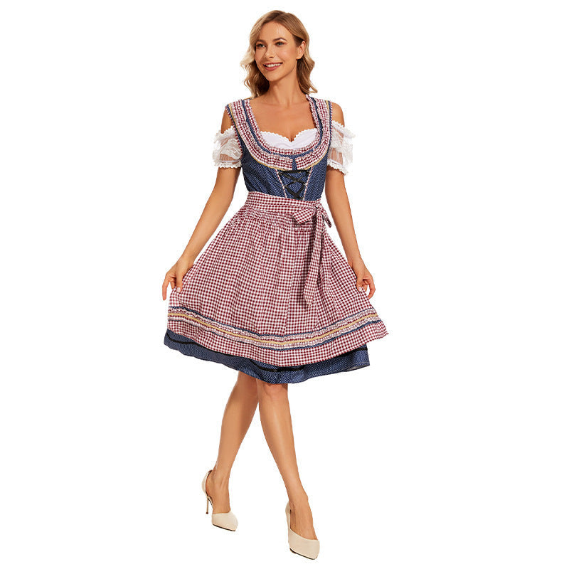 Damen nan traditionelles Trachtenkleid mit Schnürmieder, Spitzenärmeln und karierter Schürze