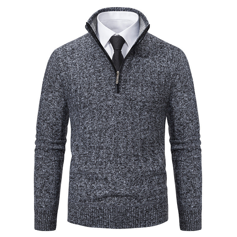 Herren nan Halbzip-Strickpullover mit strukturierter Zopfoptik, wärmendem Stehkragen und schmaler Silhouette