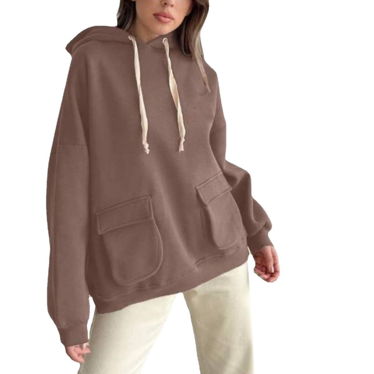 Damen nan Oversize-Kapuzenpullover mit aufgesetzten Klappentaschen und extra-langen Kordeln