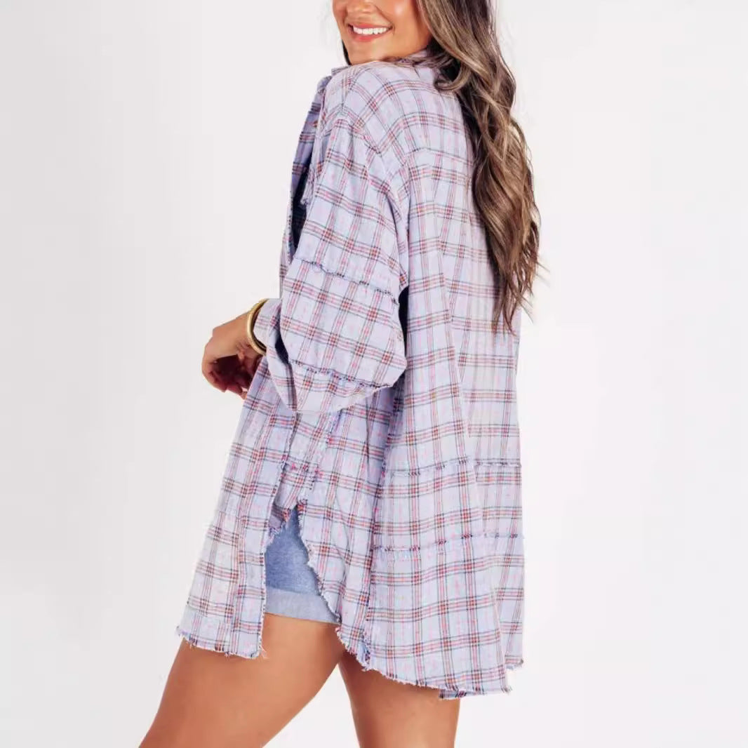 Damen nan oversized Karo-Überhemd mit Fransenbesatz, Brusttaschen und lockerer Passform