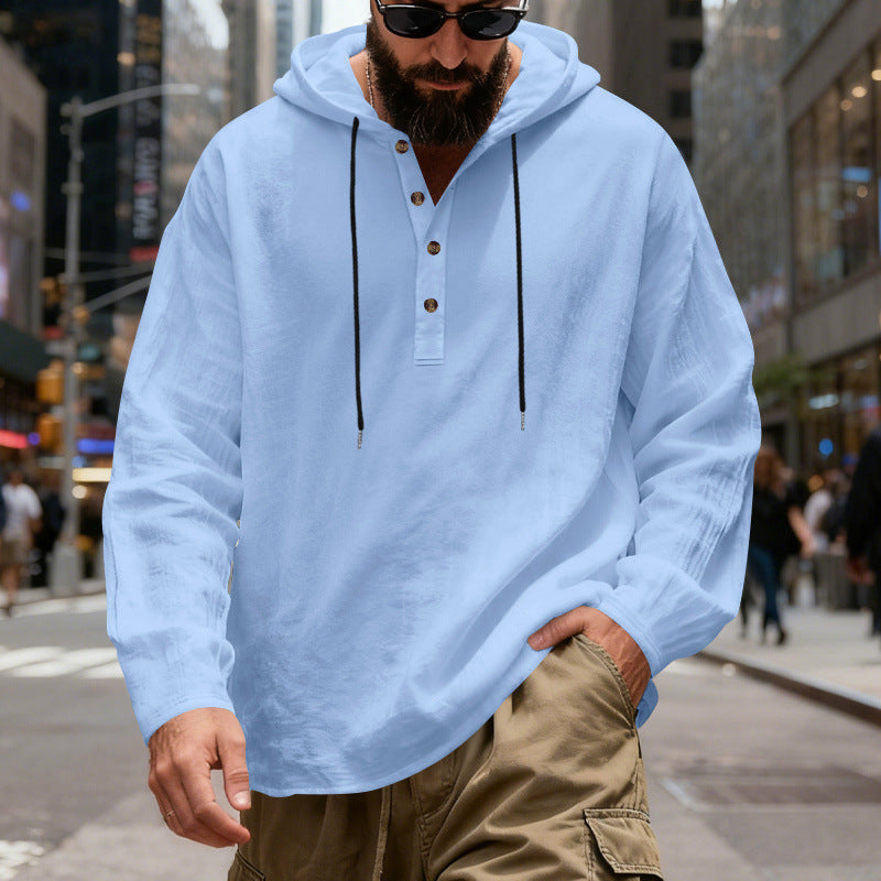 Herren nan Henley-Kapuzenpullover mit Knopfleiste und verstellbarem Kordelzug