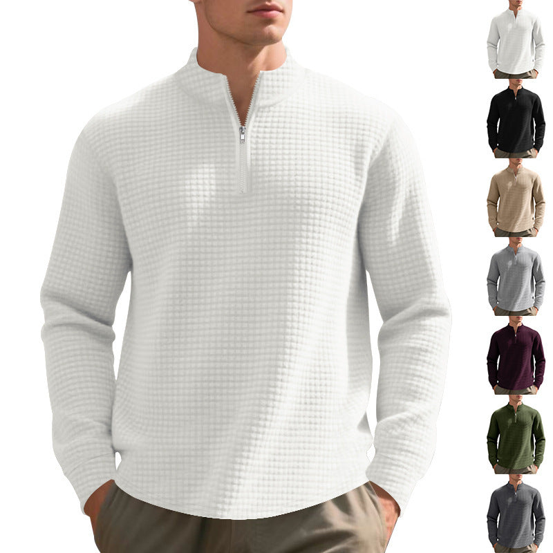 Herren nan urbaner Halbzip-Pullover mit feiner Quadratstruktur und hohem Stehkragen