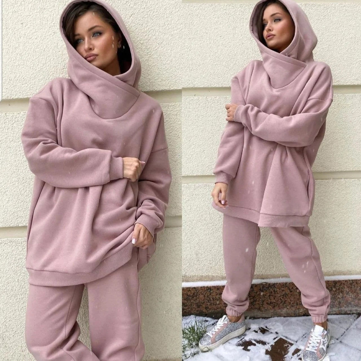 Damen nan Oversize-Hoodie-Set mit Schlauchkragen und thermogefütterter Jogginghose