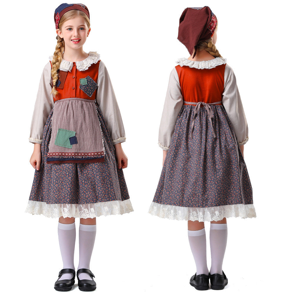 Damen nan vintageinspiriertes Rüschenkleid mit abnehmbarer Schürze und Spitzenbesatz