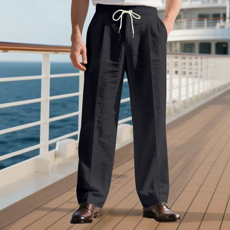 Herren nan elegante Leinenhose mit Bügelfalte Tunnelzugbund und weitem Bein