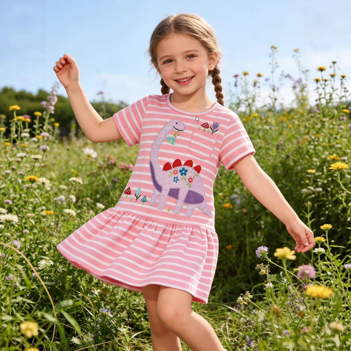 Mädchen Freizeitkleid mit verspieltem Dinosaurier-Motiv und Rüschensaum